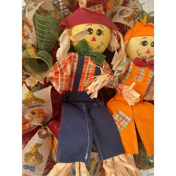 Fall Scarecrow Wreath – Harvest Couple Door Decor – Handmade Autumn Wreath - Picture 2 of 10